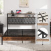 Full size bed frame, wooden platform bed frame, bedside with soft package and 2 USBs, no noise, no need for spring mattress and simple assembly tools, large bed bottom storage space, brown
