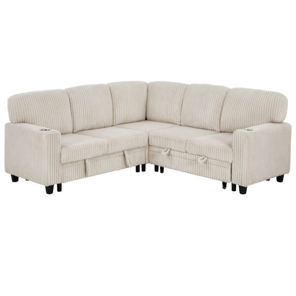 L-Shaped Sectional Sofa Bed with Pull-Out Bed & Storage, 5-Seat Sleeper Couch with USB Charging, Convertible Design for Living Room, Apartment, Corduroy Fabric, Beige