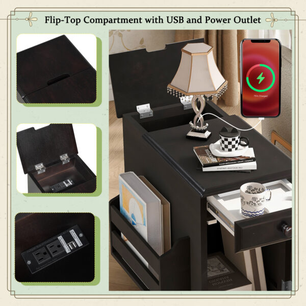 U-Can Vintage End Table Flip Top Side Table with USB Ports, One Multifunctional Drawer with cup holders, Sofa Couch Table with Bookshelf for Living room and Small Space