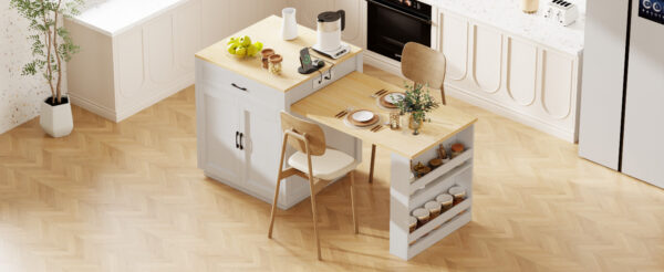 K&K 82.7 inch Kitchen Island with Extendable Dining Table for 4-6 Person,Two-tone Kitchen Table with Double-sized Storage, Power Outlet, Kitchen island with Storage 2 Drawers 2 Side Open Shelves,White