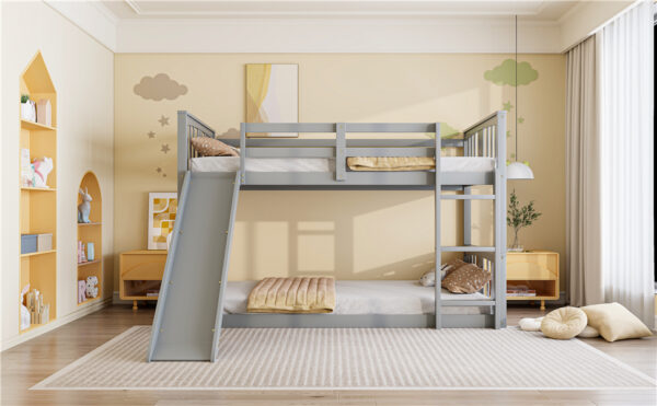 Twin Over Twin Bunk Bed with Slide and Ladder, Gray (Old SKU:LT000108AAE)