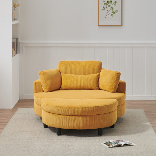 51-inch beige corduroy sofa with two throw pillows and a waist pillow with an extra tray for comfortable seating suitable for small apartment bedroom space