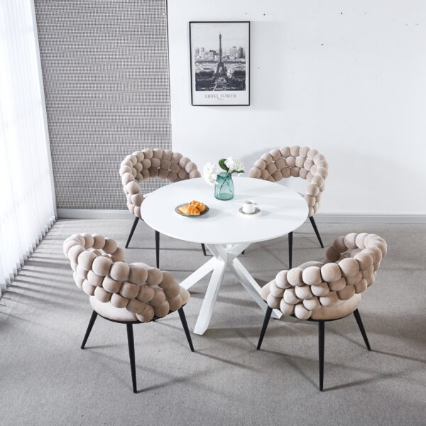 white Modern chair(set of 2 ) with golden color iron tube legs,  soft cushions and comfortable backrest, suitable for dining room, living room, cafe,hairball back