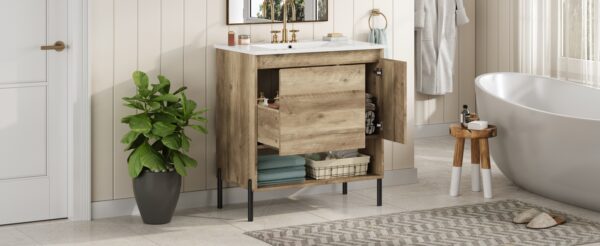 30" Modern Wood Fixture Bathroom Vanity, Bathroom Cabinet with Sliding Drawer, Bathroom Storage Cabinet with Ceramic Basin Sink Top, Single Bathroom Vanities Cabinet with Doors and Open Shelf