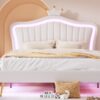 Queen Size Upholstered Bed Frame with LED Lights,Modern Upholstered Princess Bed With Crown Headboard,White