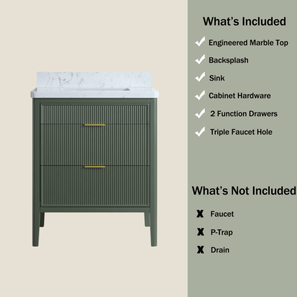 Fully Assembled 30''  Green Freestanding Single Sink Bathroom Vanity with Solid Wood Construction and Engineered Marble Top