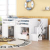 TWIN BED, SOLID WOOD TWIN SIZE LOW LOFT BED WITH STAIR, DRAWER, AND SHELF OF WHITE COLOR