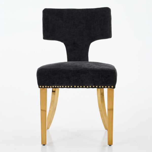 Mid Century Modern Dining Chairs Set of 2, Farmhouse Chenille Fabric Upholstered Accent Chair Curved Backrest with Copper Nails around,Kitchen Chairs with Golden Stainless Steel Plating Legs, Black