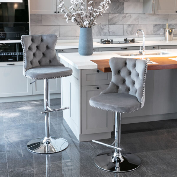 Swivel Velvet Barstools Adjusatble Seat Height from 25-33 Inch, Chrome base Bar Stools with Backs Comfortable Tufted for Home Pub and Kitchen Island,Set of 2,  AS1712GY, Gray