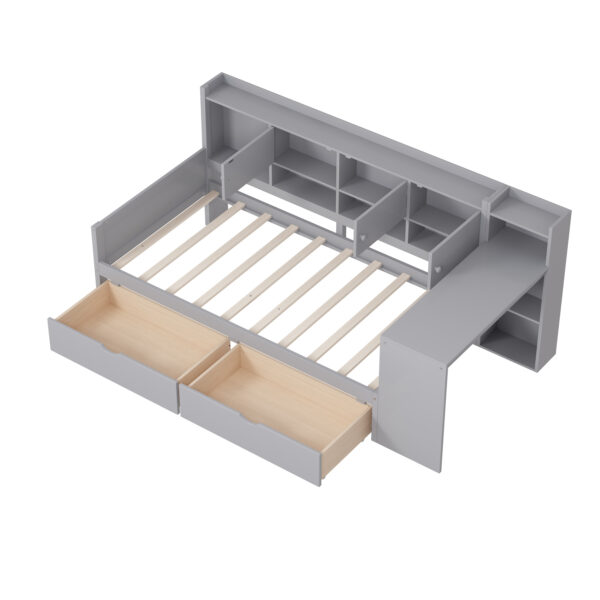 Twin Size Daybed with Storage 3 Cabinets and 2 Drawers, Wooden L-Shape Daybed Frame with Study Desk and Built-in Bookshelf, Multi-functional Bed for Bedroom Guest Room,Gray