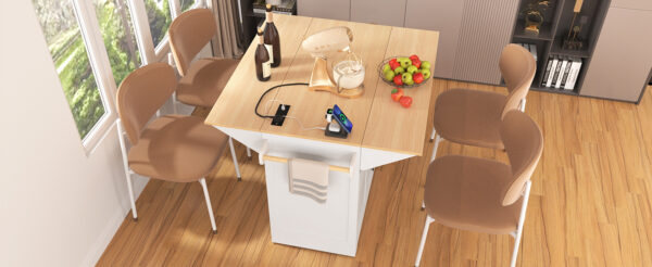 K&K 55.7'' Large Kitchen Island with 2 Drop Leaf,, Rolling Kitchen Cart on 5 Wheels with Power Outlet, Folding Storage Dining Table with Spice & Towel Rack , 3 Drawers, for Kitchen, Dining Room,White