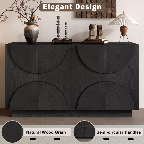 TREXM 4-Door Large Storage Sideboard, Wood Sideboard Cabinet with Semi-Circular Handles and Adjustable Shelves for Dining Room, Kitchen, and Living Room (Black)