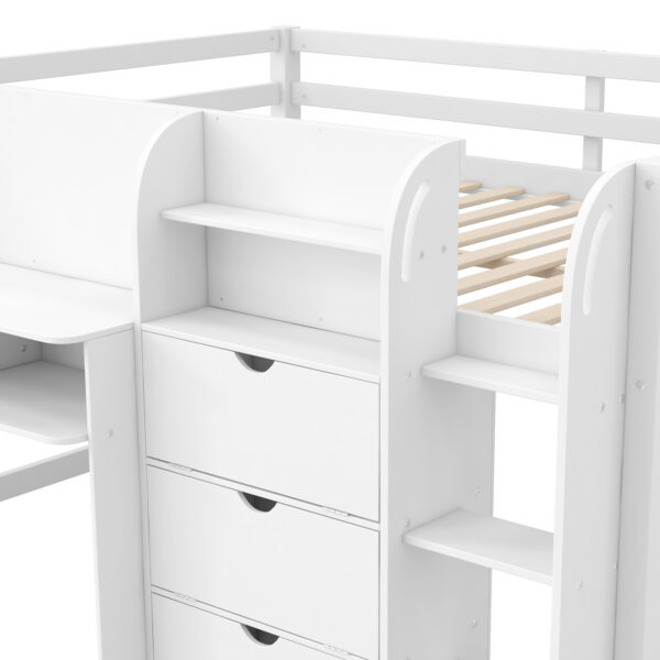 Full Size Low Loft Bed with Built-in Desk,Storage Cabinets and Open Bookcase,Whiteboard for Graffiti,White(ETA:7/8)
