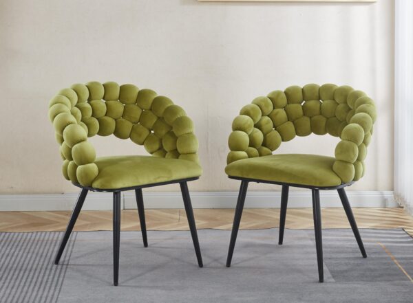 Green Modern chair(set of 2 ) with golden color iron tube legs,  soft cushions and comfortable backrest, suitable for dining room, living room, cafe,hairball back
