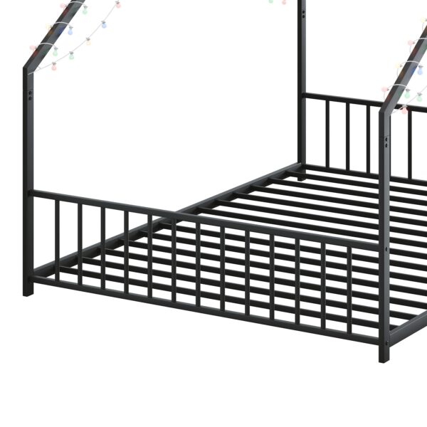 Full size children's bed frame with LED light strips, roof-shaped iron frame bed, Black,78.5" L x 55.9" W x 58.4" H.