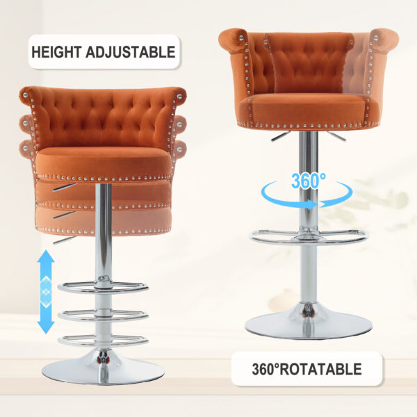 COOLMORE Velvet Bar Stool Set of 2, Adjustable Swivel Bar Stools with Silver Plated Metal Leg, Chrome Nailhead, Counter Height Chair for Kitchen,Dining Room