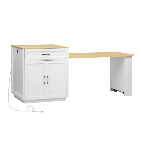 K&K 82.7 inch Kitchen Island with Extendable Dining Table for 4-6 Person,Two-tone Kitchen Table with Double-sized Storage, Power Outlet, Kitchen island with Storage 2 Drawers 2 Side Open Shelves,White