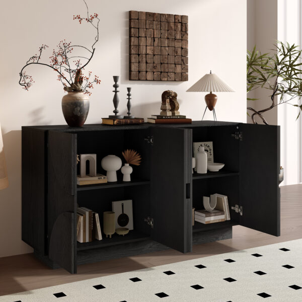 TREXM 4-Door Large Storage Sideboard, Wood Sideboard Cabinet with Semi-Circular Handles and Adjustable Shelves for Dining Room, Kitchen, and Living Room (Black)