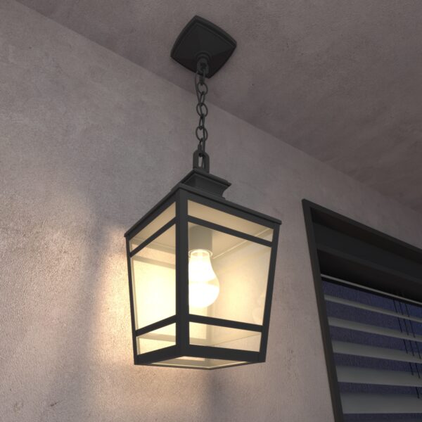 Outdoor Pendant Light E26 Socket, 14.5'' Modern Exterior Hanging Light Fixture with Clear Glass, Farmhouse Black Metal Outside Chandelier for Patio Front Porch Foyer Entryway (1 pack)