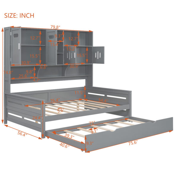 Full Size Wooden Daybed With Twin Size Trundle, and All-in-One Cabinet and Shelf, Gray