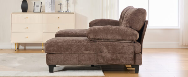 U-shaped Sectional Sofa 103.5" Chenille Fabric Couch with Dual Chaise Lounges, Storage Pockets and Armrest Pillows for Living Room, Brown