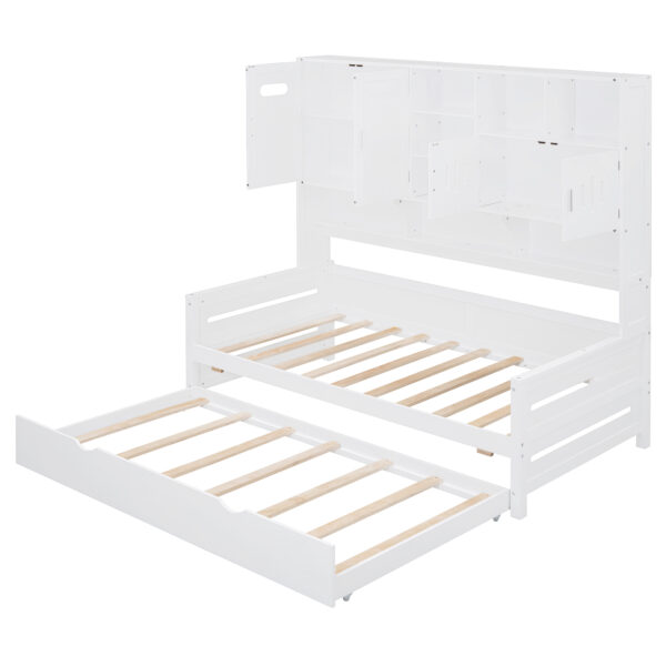Twin Size Wooden Daybed With Twin Size Trundle, and All-in-One Cabinet and Shelf, White