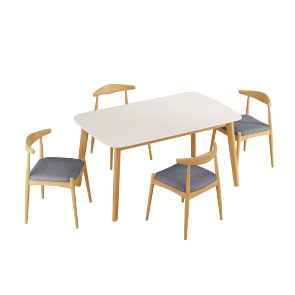 5-Piece Mid-Century Modern Dining Set - Solid Wood Frame Table + 4 Beige Upholstered Chairs(White Oak+Gray)