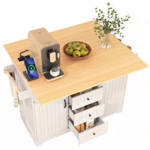 K&K 55.7'' Large Kitchen Island with 2 Drop Leaf,, Rolling Kitchen Cart on 5 Wheels with Power Outlet, Folding Storage Dining Table with Spice & Towel Rack , 3 Drawers, for Kitchen, Dining Room,White