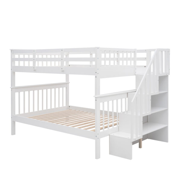 Stairway Full-Over-Full Bunk Bed with Storage and Guard Rail for Bedroom, Dorm, White color