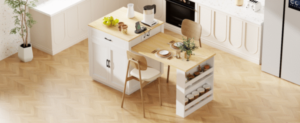 K&K 82.7 inch Kitchen Island with Extendable Dining Table for 4-6 Person,Two-tone Kitchen Table with Double-sized Storage, Power Outlet, Kitchen island with Storage 2 Drawers 2 Side Open Shelves,White
