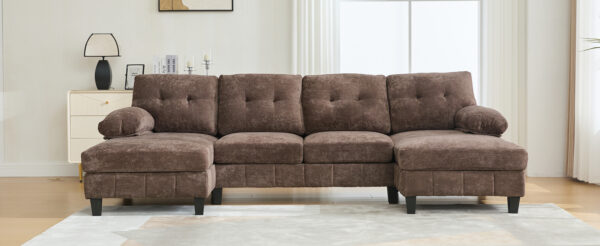 U-shaped Sectional Sofa 103.5" Chenille Fabric Couch with Dual Chaise Lounges, Storage Pockets and Armrest Pillows for Living Room, Brown