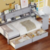 Twin Size Daybed with Storage 3 Cabinets and 2 Drawers, Wooden L-Shape Daybed Frame with Study Desk and Built-in Bookshelf, Multi-functional Bed for Bedroom Guest Room,Gray