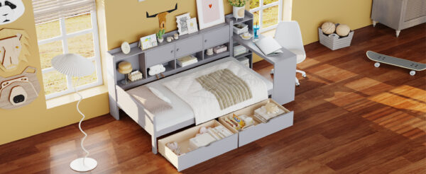 Twin Size Daybed with Storage 3 Cabinets and 2 Drawers, Wooden L-Shape Daybed Frame with Study Desk and Built-in Bookshelf, Multi-functional Bed for Bedroom Guest Room,Gray