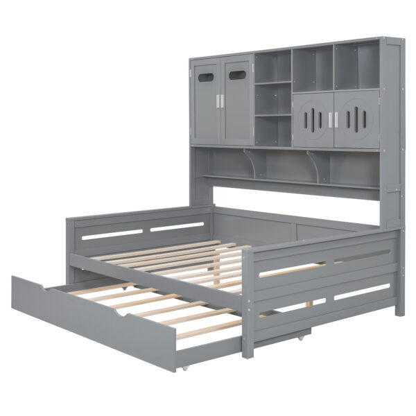 Full Size Wooden Daybed With Twin Size Trundle, and All-in-One Cabinet and Shelf, Gray