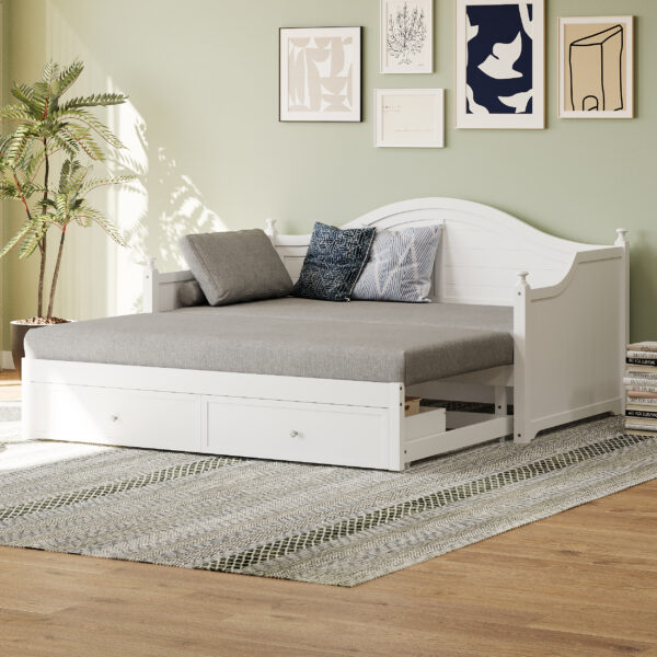 Twin Size Wood Daybed Extended Bed with Storage Drawers Wooden Sofa Bed for Living Room Guest Room, White