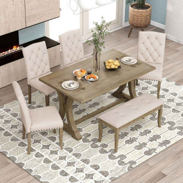 TREXM 6-Piece Farmhouse Dining Table Set, Rectangular Trestle Table and 4 Upholstered Chairs & Bench for Dining Room (Natural Wood Wash)