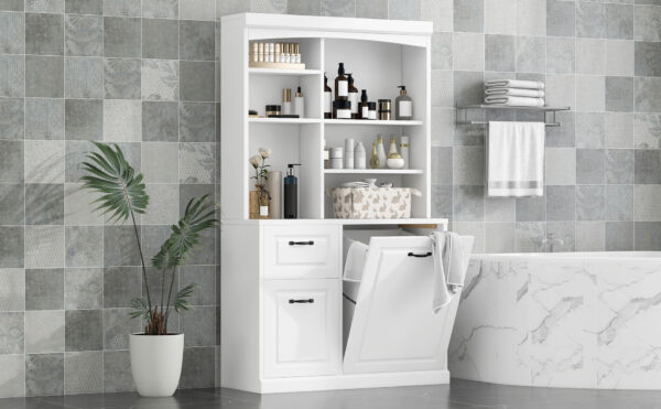 Bathroom Storage Cabinet with Tilt-Out Hamper, 70.9'' Tall Free Standing Organizer with Drawers & Adjustable Shelves, MDF Linen Tower with Steel Handles, White Finish