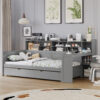 Wooden Twin Size Daybed with Storage Shelves, Multi-functional Bed with Twin Size Trundle Bed and  Study Desk, Gray