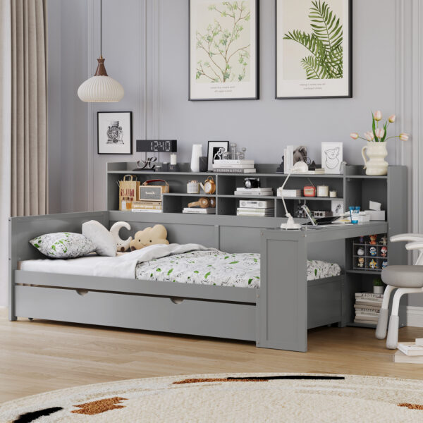 Wooden Twin Size Daybed with Storage Shelves, Multi-functional Bed with Twin Size Trundle Bed and  Study Desk, Gray