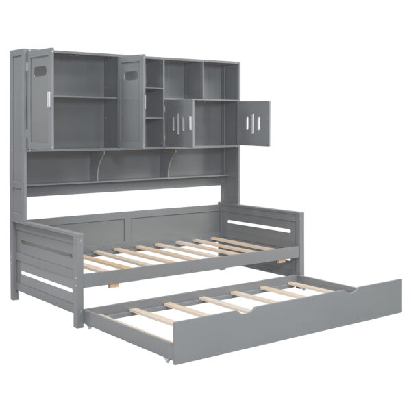 Twin Size Wooden Daybed With Twin Size Trundle, and All-in-One Cabinet and Shelf, Gray