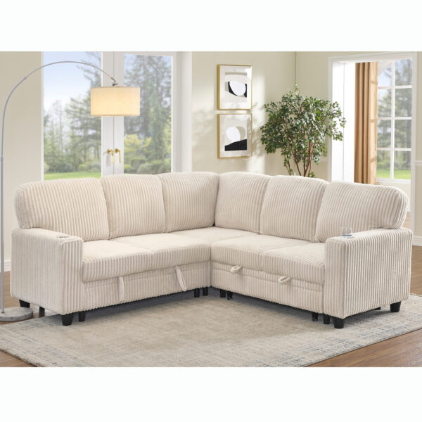 L-Shaped Sectional Sofa Bed with Pull-Out Bed & Storage, 5-Seat Sleeper Couch with USB Charging, Convertible Design for Living Room, Apartment, Corduroy Fabric, Beige