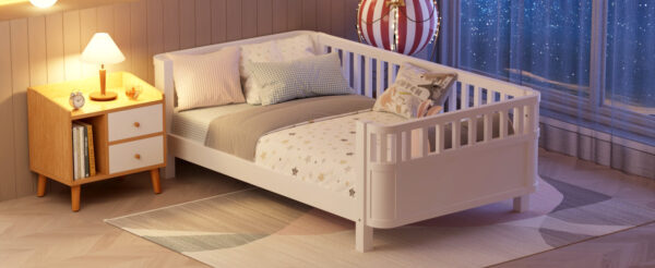 Twin Size Wood Platform Bed for Kids, Wood Low Profile Twin Bed with Rails for Girls and Boys, White (Patented Design)