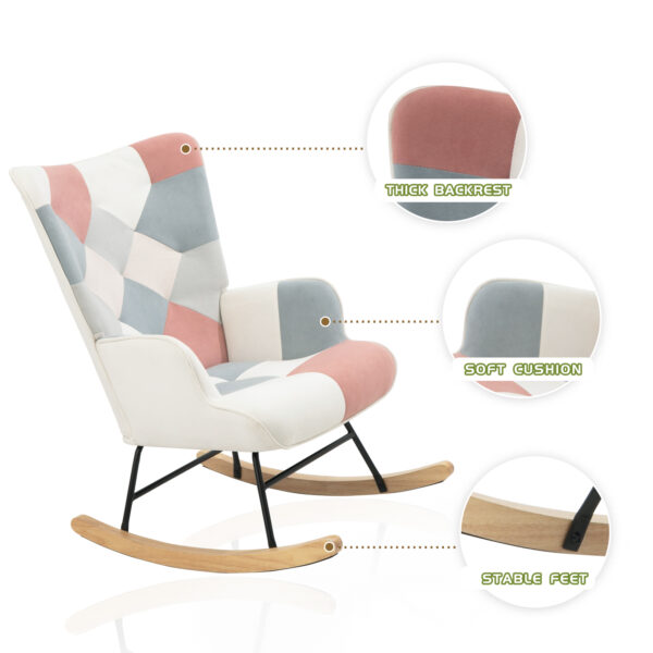 e22ca6688398455182c5984290855681_20230723_95f930434eeab4f3f7d5904253a5667a Accent Rocking Chair, Mid Century Fabric Rocker Chair with Wood Legs and Patchwork Linen for Livingroom Bedroom