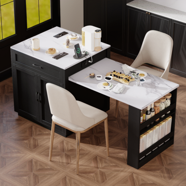 K&K 82.7 inch Kitchen Island with Extendable Dining Table for 4-6 Person,Faux Mable Kitchen Table with Double-sized Storage,Power Outlet,Kitchen island with Storage 2 Drawers 2 Side Open Shelves,Black