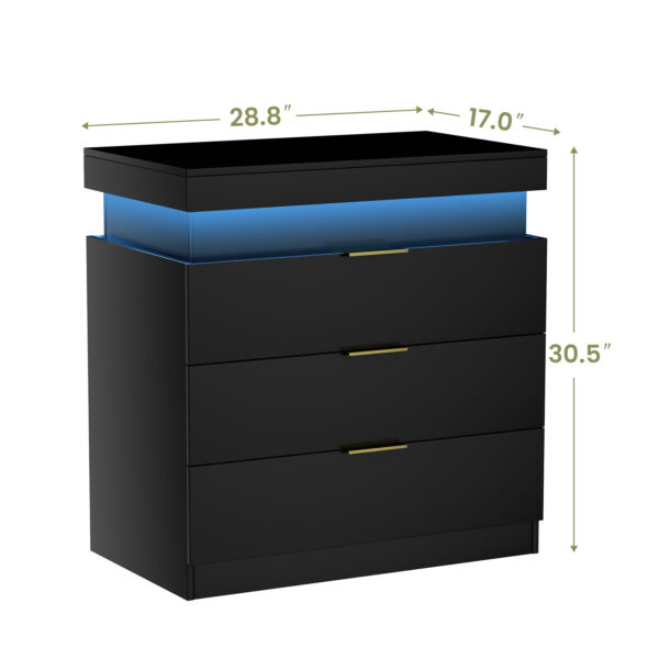 Nightstand with Charging Station and LED Lights,Night Stand with Sliding Top for Bedroom,Bedside Table with Drawers,Modern End Side Table,Black.28.8''W x 17''D x 30.5''H.