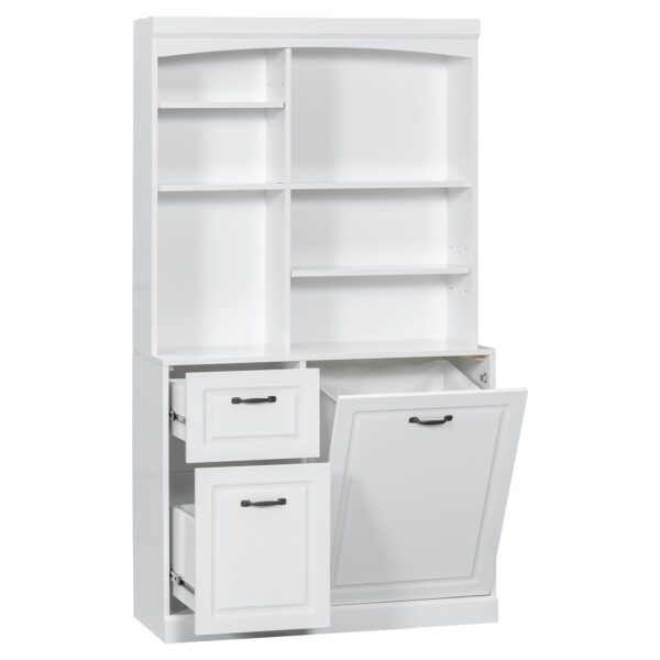 Bathroom Storage Cabinet with Tilt-Out Hamper, 70.9'' Tall Free Standing Organizer with Drawers & Adjustable Shelves, MDF Linen Tower with Steel Handles, White Finish