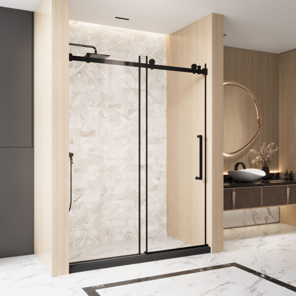 e42c75f93a5146c48dbf157cb2d8ad76_ba33bb2c1ea0e8c0d4ba33e19ab1bad0 Frameless Single sliding shower door 60 "W x 76" H, 1/4 "(6 mm) Clear Tempered Glass, Explosion Proof Film, Stainless Steel Handle Square Tube Track ,Matte Black