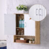 Bathroom Wall Cabinet with Double - Door, Bottom Shelf, Wavy - Patterned Doors, Adjustable Inner Shelf, Easy Installation, White & Natural Wood