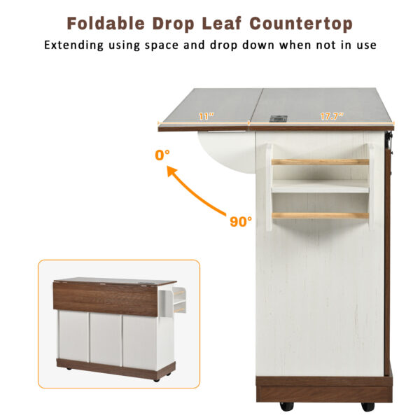 K&K 55.5" Farmhouse Kitchen Island with Drop Leaf, Kitchen Storage Island with Barn Door, Power Outlet, Rolling Kitchen Cart on Wheels with Spice Rack, for Home, Kitchen, Dining Room, White