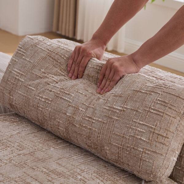 83.1"Wide Modern Upholstered End of Bed Bench with Armrests, Chenille Chaise Lounge Couch with 2 Bolster Pillows, Daybed with Rubberwood Legs For Living Room,Bedroom,Apartment,Guestroom, Wheat